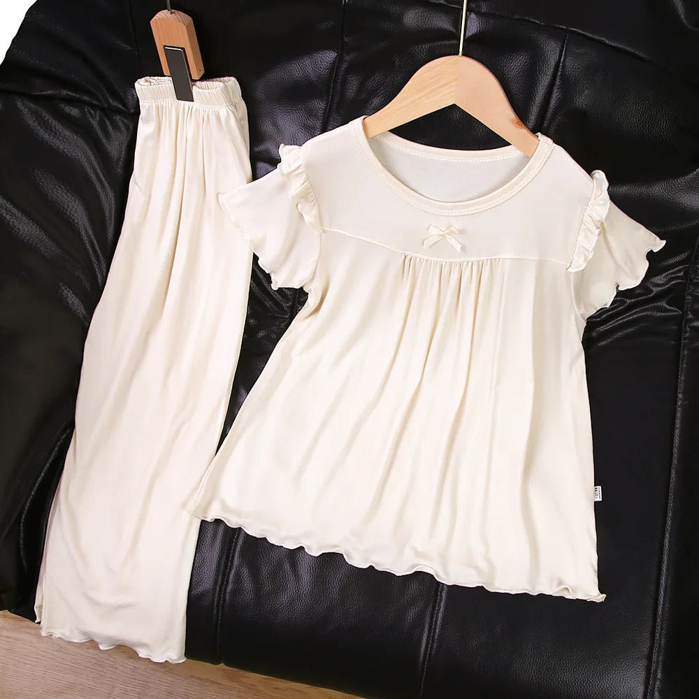 Girls' Short Sleeved Pajamas Home Clothes Set Modal Spring and Summer Thin Edition Children's Air Conditioning Lace Princess