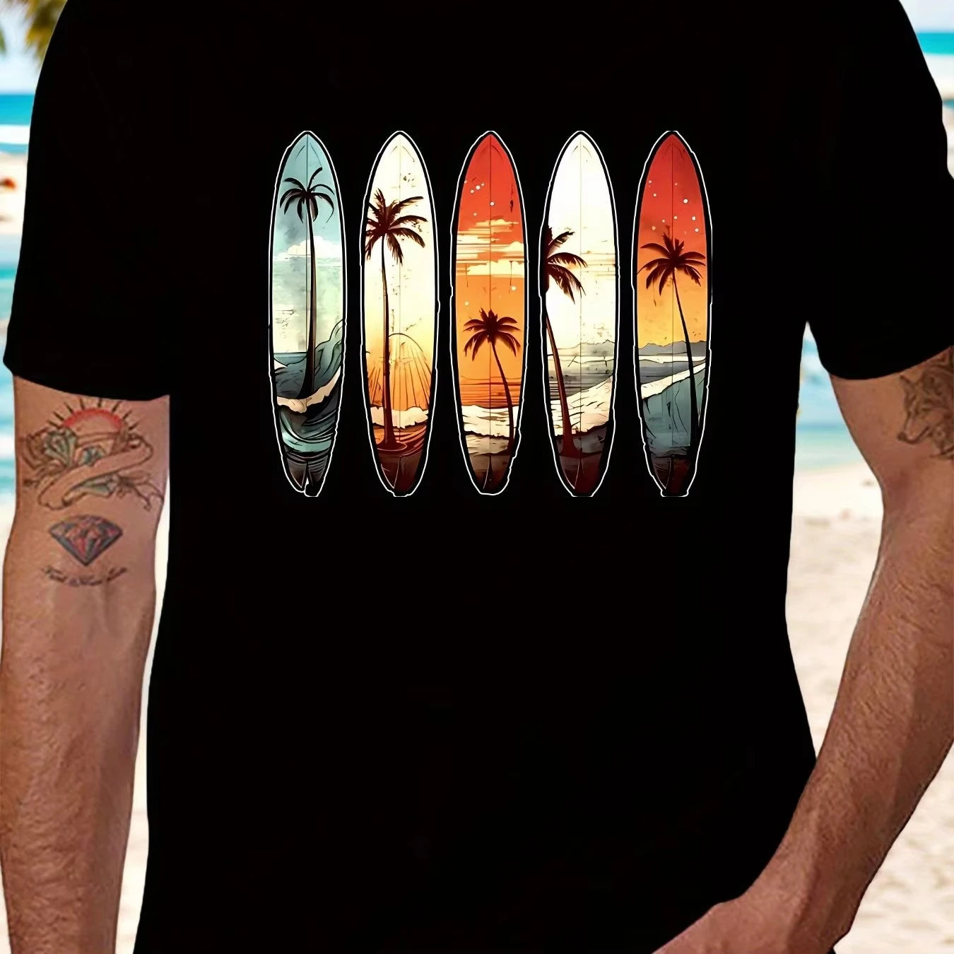 Men's Summer Beach Surf Graphic Men T-Shirt Vibrant Red Surfboard Sunset Palm Tree Design Casual Short Sleeve Round Neck Tee