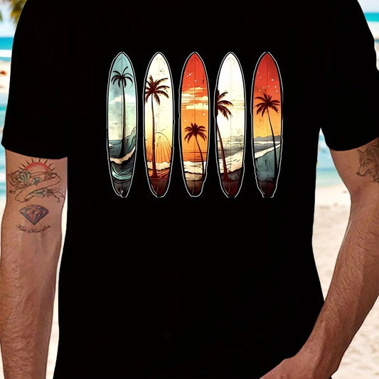 Men's Summer Beach Surf Graphic Men T-Shirt Vibrant Red Surfboard Sunset Palm Tree Design Casual Short Sleeve Round Neck Tee