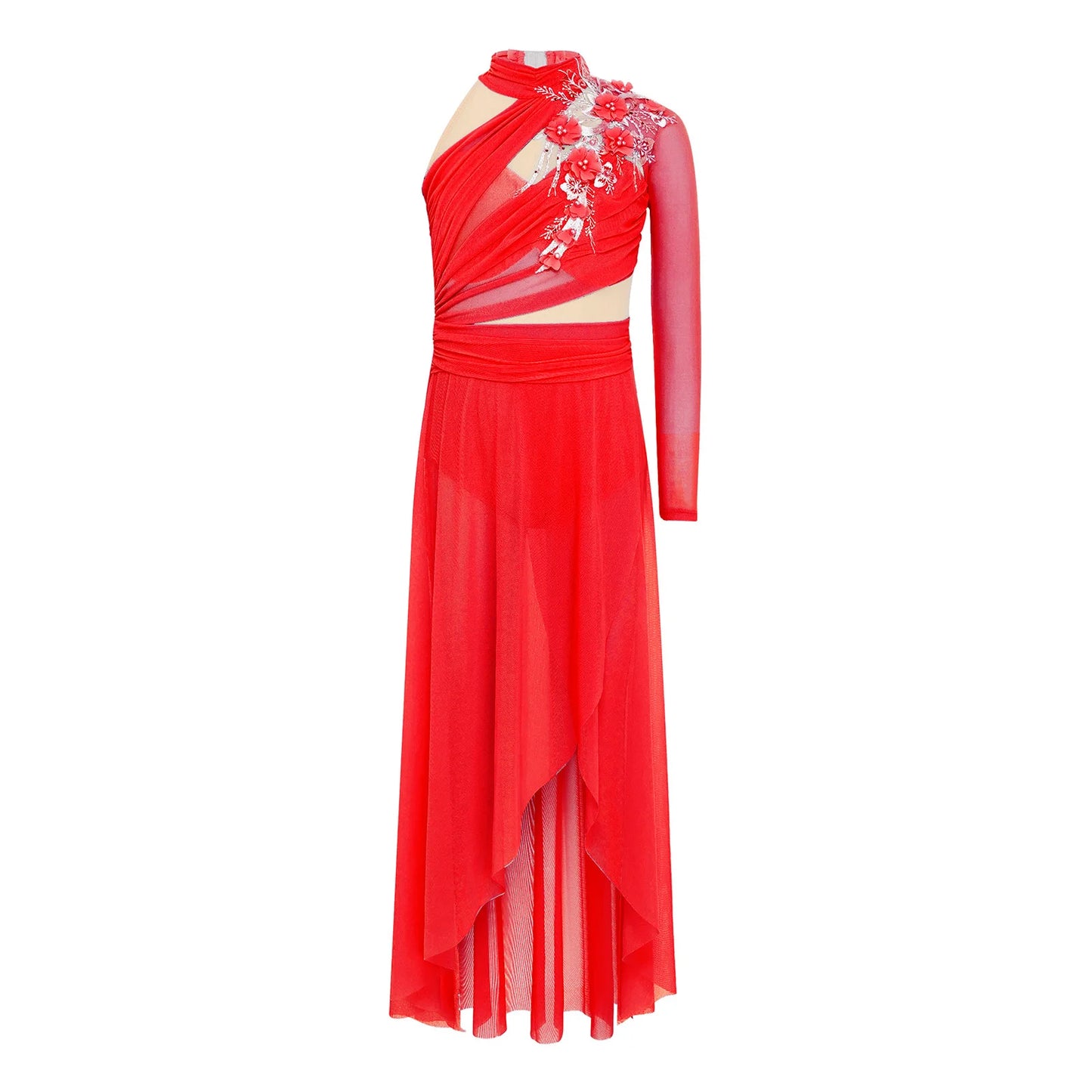 Girls Delicate 3D Flower Lyrical Dance Dress Asymmetrical Ruched Long Dress Gymnastics Modern Dance Clothes Performance Dress