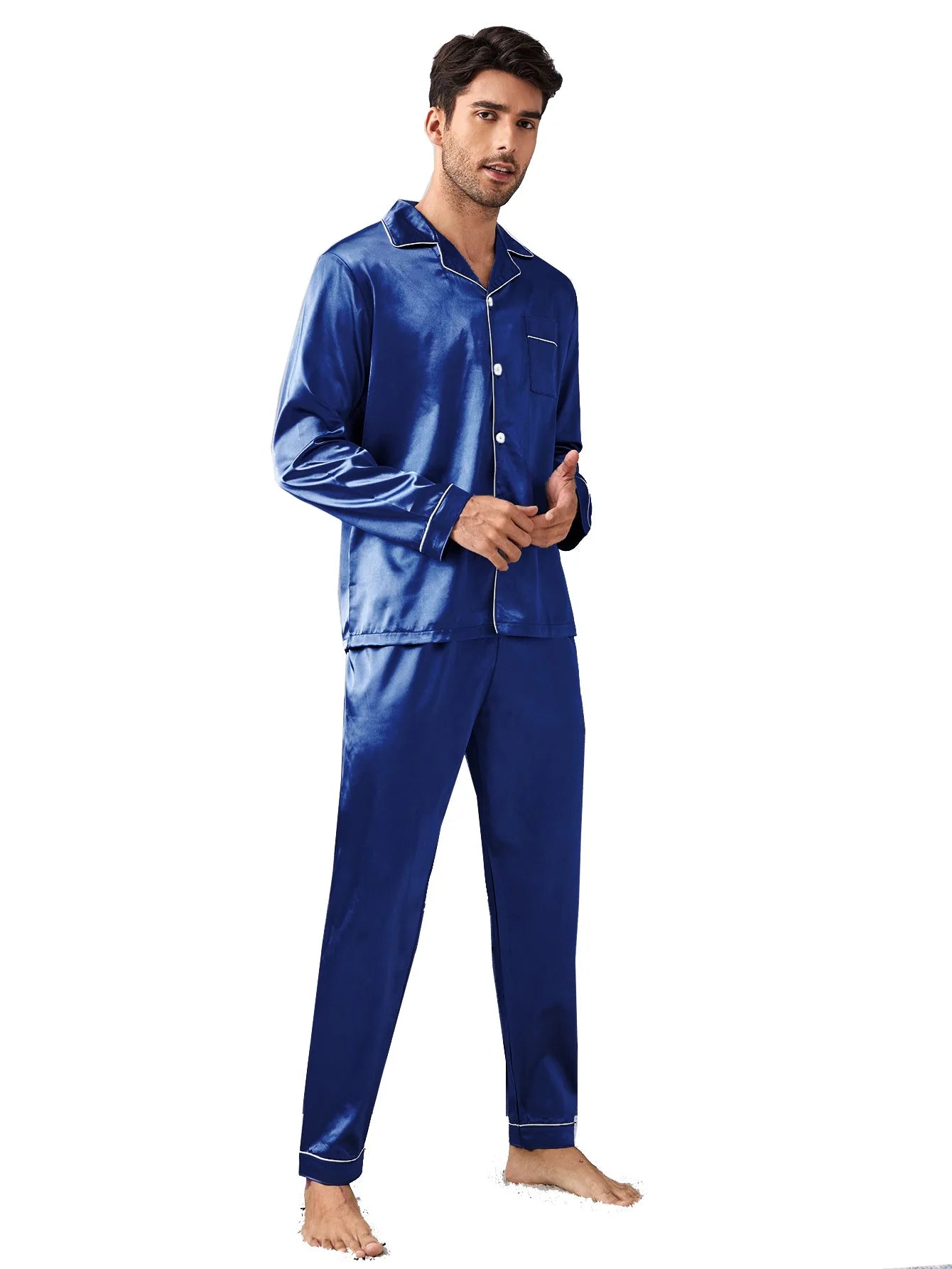 Men Sleepwear Solid Color Nightwear Long Sleeve Top&pants 2Pcs Pyjamas Suit Home Clothes Satin Homewear Outfits Male Pajamas