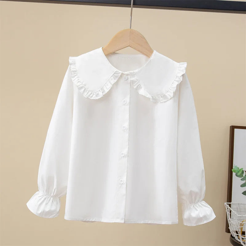 Girls' Spring Autumn Blouse New Korean Style Fashionable Long Sleeve White Shirt Children's Lace Peter Pan Collar Bottoming Shir