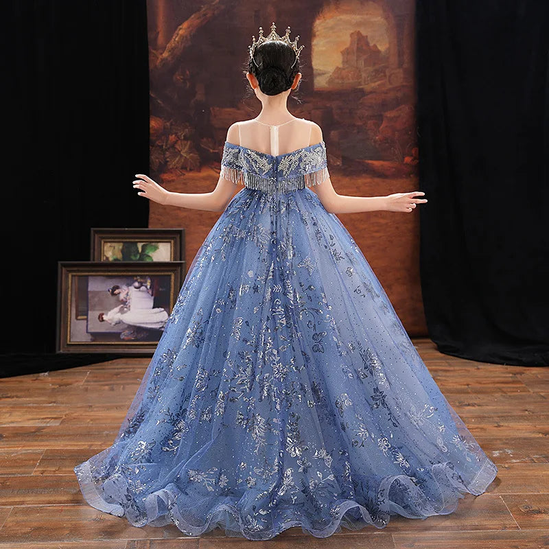 Girl Elegant Off Shoulder Dress Fashion Runway Show Luxurious Princess Dresses for Girls Birthday Party Long Kids Vestidos