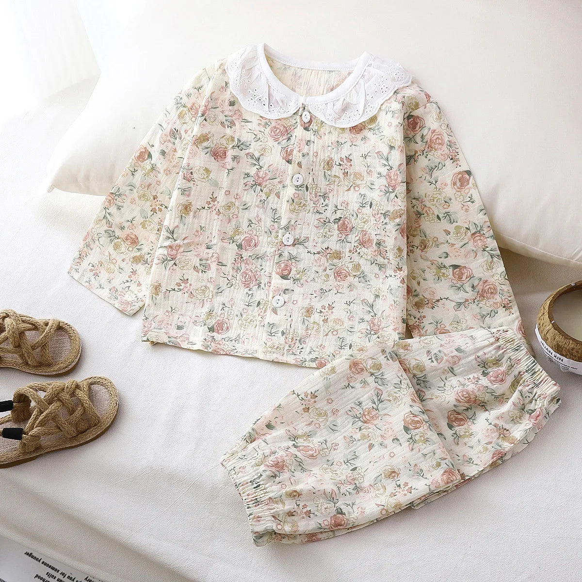 Girls Summer Thin Pajamas Homewear Cute Cartoon Floral Print Long Sleeve Lace Trimmed Sleepwear Baby Boys Casual Clothing Sets