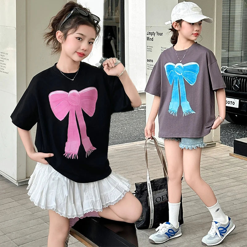 Girls Summer T-shirt Short Sleeve Fashion Design Casual Teenage Kids Tee Tops with Bow Children Short Sleeve Tshirt Clothing