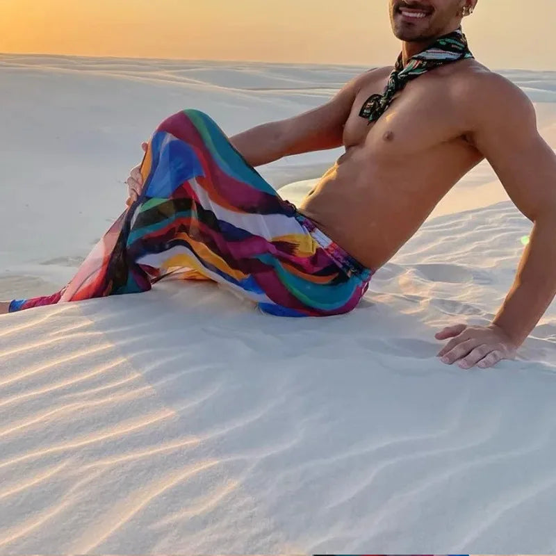 Rainbow Striped Pants Men's Beach Trousers Elastic Waist Straight Pants Men's Beachwear Lightweight Mesh Beach Pants