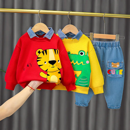 Baby boy clothes 0-4 years old spring and autumn long-sleeved suit boy cartoon lapel cotton sweater + jeans baby 2-piece set
