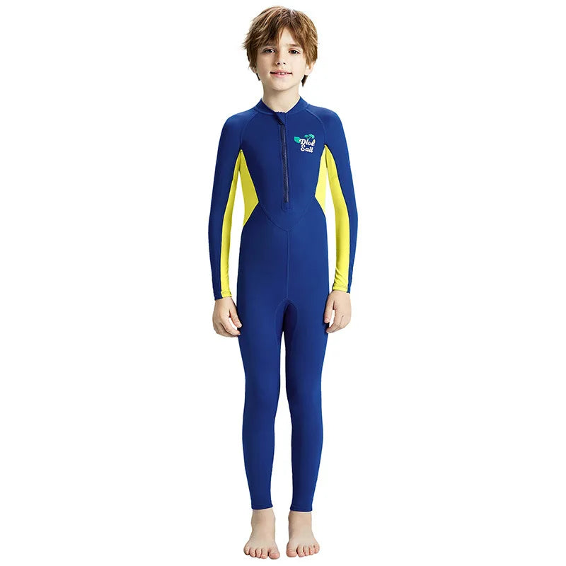Boys Girls One-Piece Swimsuits Swimwear Long Sleeve Wetsuits Bathing Suit Beachwear Sun Protection(Including Swimming Cap)