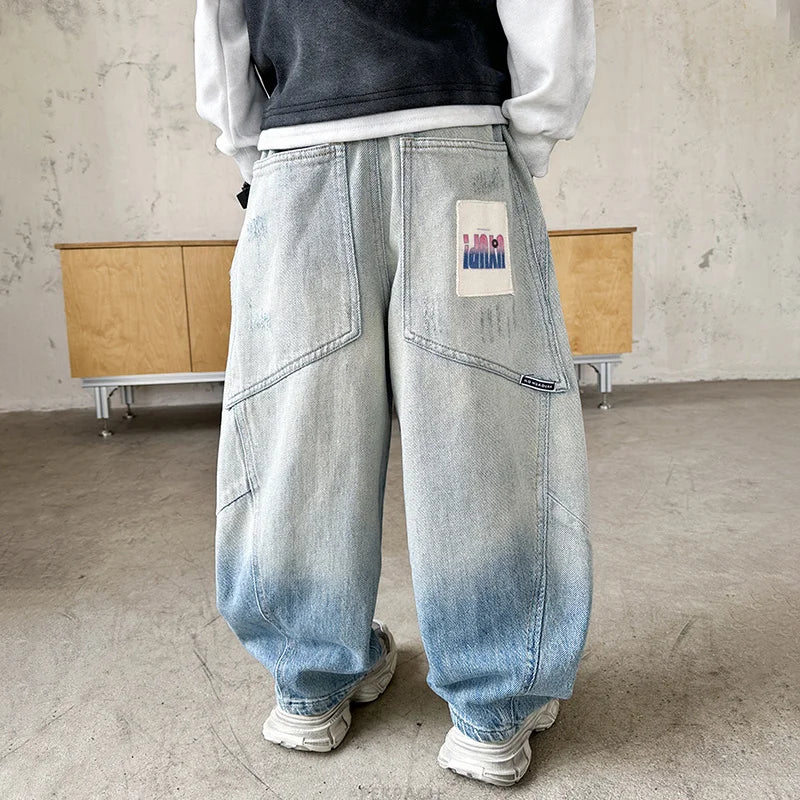 Cool Boy High Fashion Street Baggy Jeans Kids Retro Blue Wide Leg Denim Pants Loose Style Child Luxury Gradient Jeans Trousers