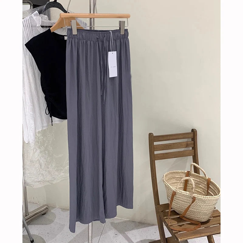 Girls High Waist Straight Leg Casual Pants Lady Drawstring Ice Silk Trousers Hot Sale Women Solid Loose Fit Pants