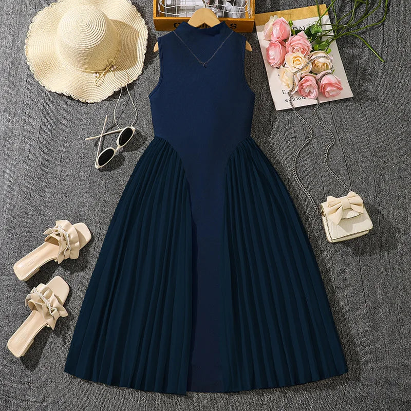 Summer New Teen Girls Dress Solid Color Patchwork Sleeveless A-Line Dress For 8-12 Years Girls Daily Casual Elegant Dance Dress