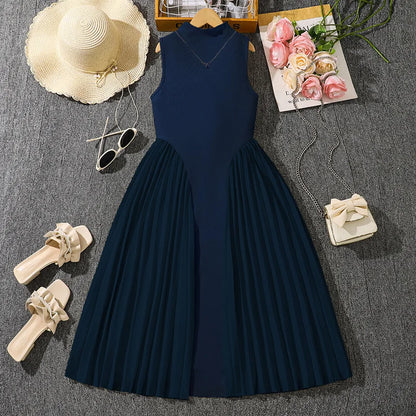 Summer New Teen Girls Dress Solid Color Patchwork Sleeveless A-Line Dress For 8-12 Years Girls Daily Casual Elegant Dance Dress