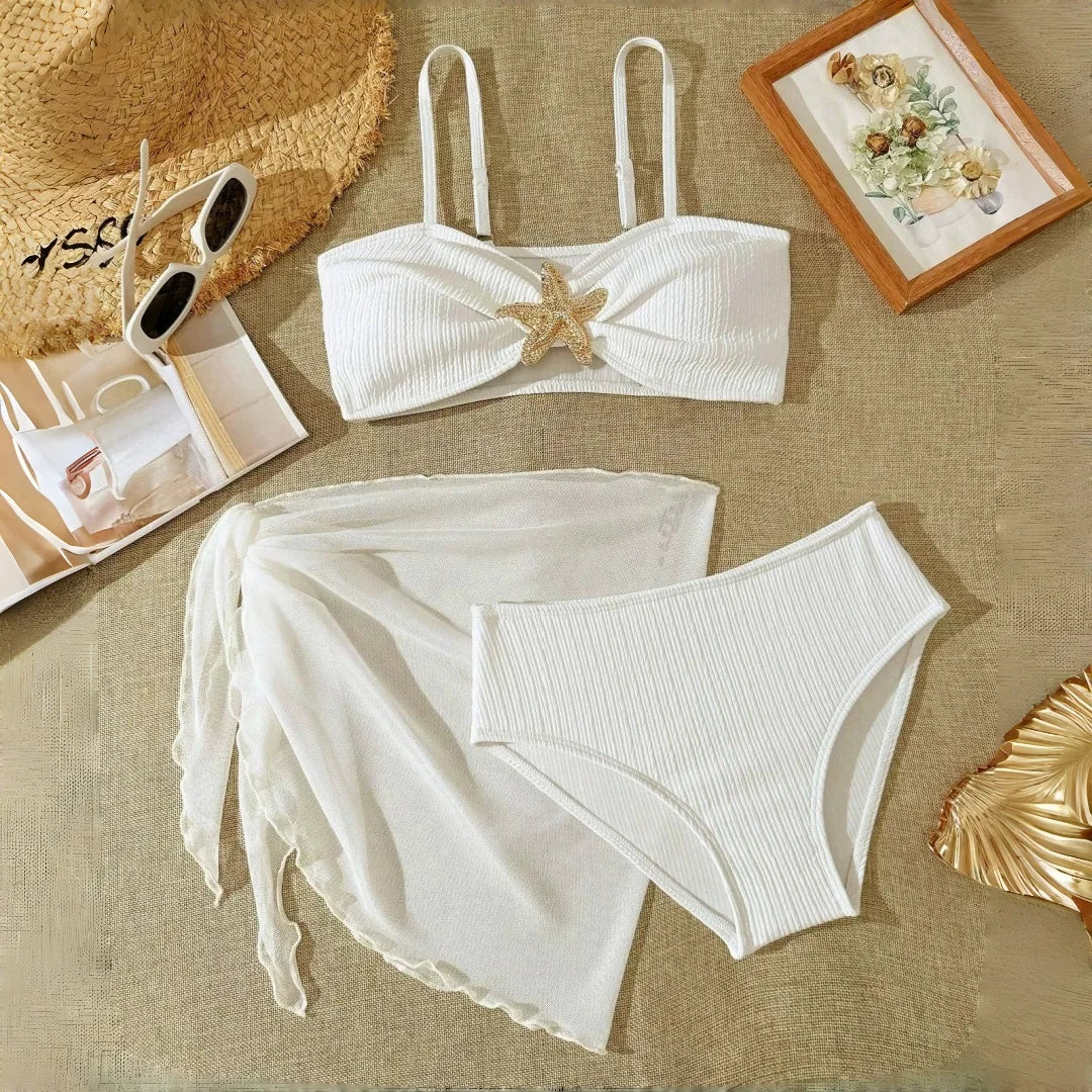 Teen Girl's Swimsuit 3pcs Bikini Set Bathing Suit for Girls 7-16 Years Thin Straps Summer Outfits  Beach Swimwear Soild Color