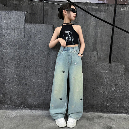 Girls' pants Summer thin 5-12 years old 15 years old medium children casual loose style little girls denim wide-leg pants