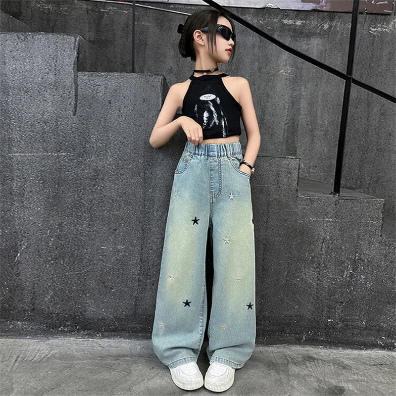 Girls' pants Summer thin 5-12 years old 15 years old medium children casual loose style little girls denim wide-leg pants