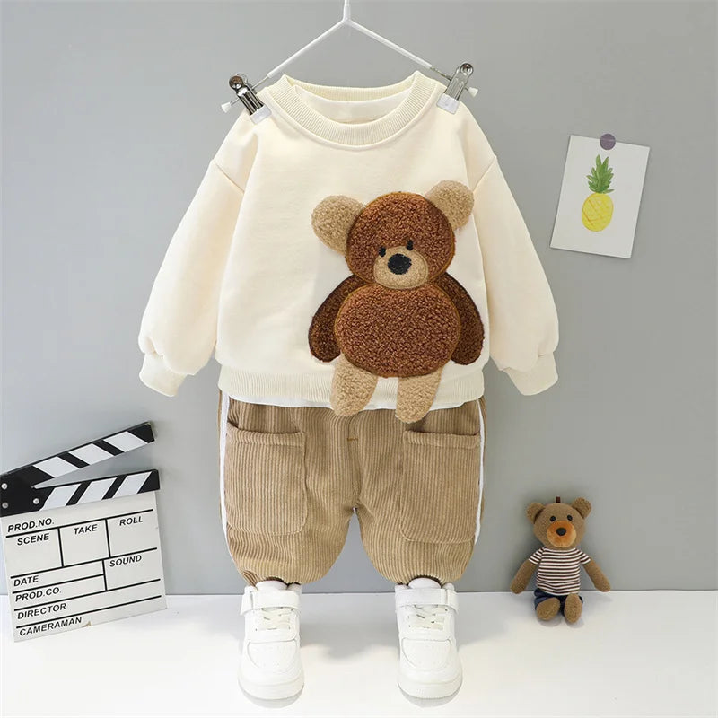 Baby boy clothes autumn winter plus velvet warm thickening suit boys and girls cartoon bear sweater + corduroy pants baby 2pcs