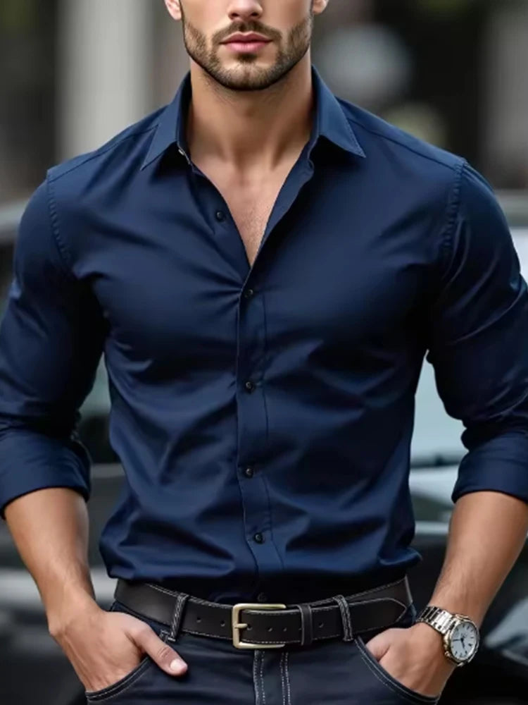 White men's Dress shirt without ironing, business casual, slim and slim black shirt, solid color, fashionable and high-quality