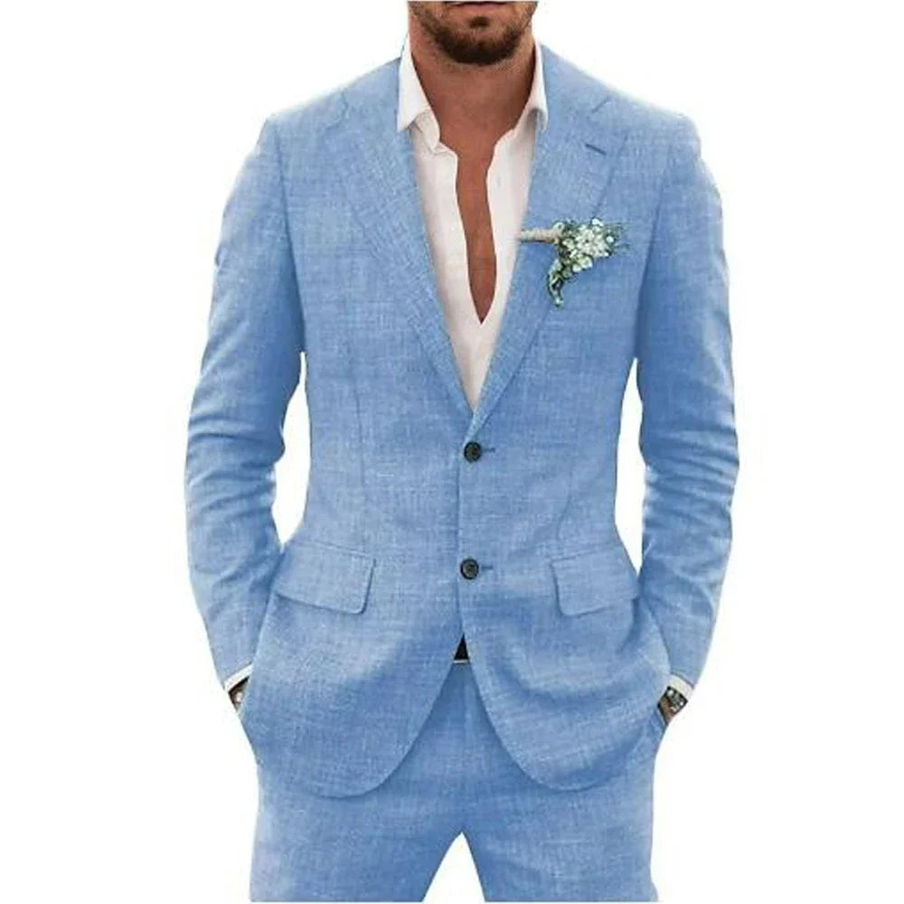 High Quality Linen Suits for Men Two Piece Formal Notch Lapel Single Breasted Male Suit Beach Casual Elegant Wedding Tuxedo