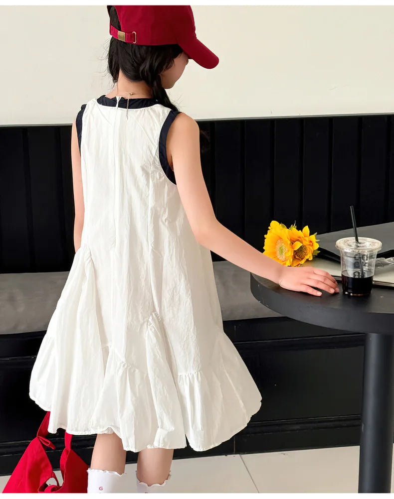 New Summer Girls Princess Dress Kids Sleeveless Dress with Ruffles Design Dresses for Teen Child Casual Vacation Beach Dress