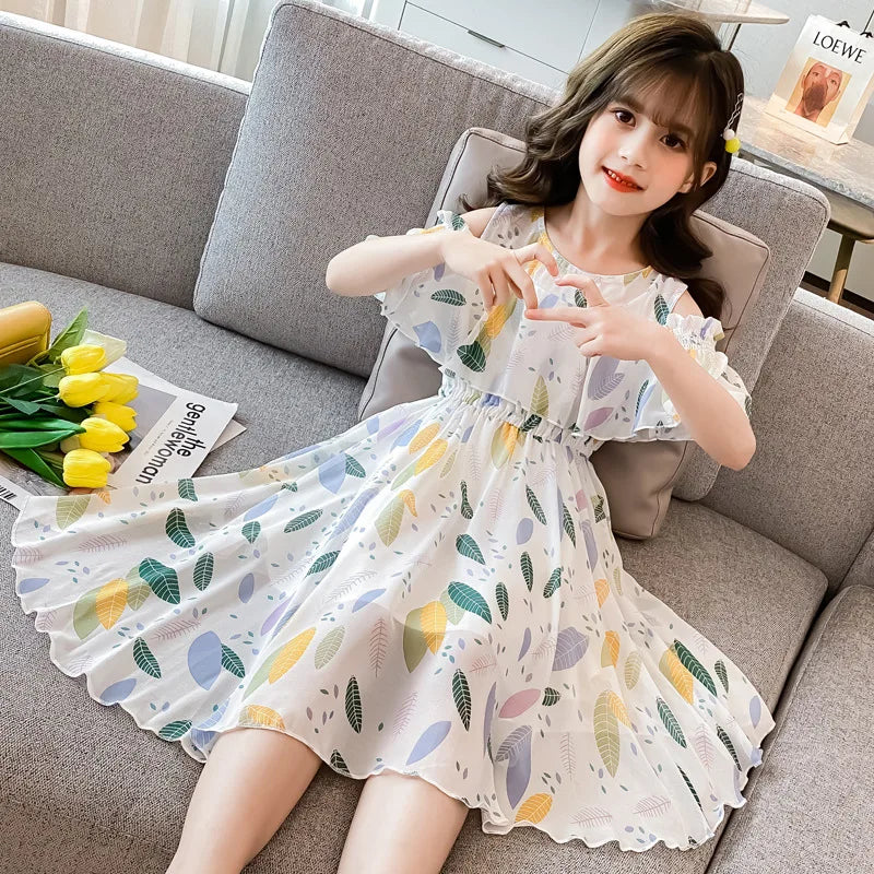 2026 teens Summer baby Girls Dress Clothes mesh leaf Bohemian Floral Off Shoulder chiffon Long Beach 3 4 5 6 7 8 9 10 12 years