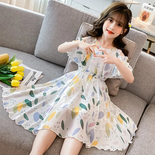 2026 teens Summer baby Girls Dress Clothes mesh leaf Bohemian Floral Off Shoulder chiffon Long Beach 3 4 5 6 7 8 9 10 12 years