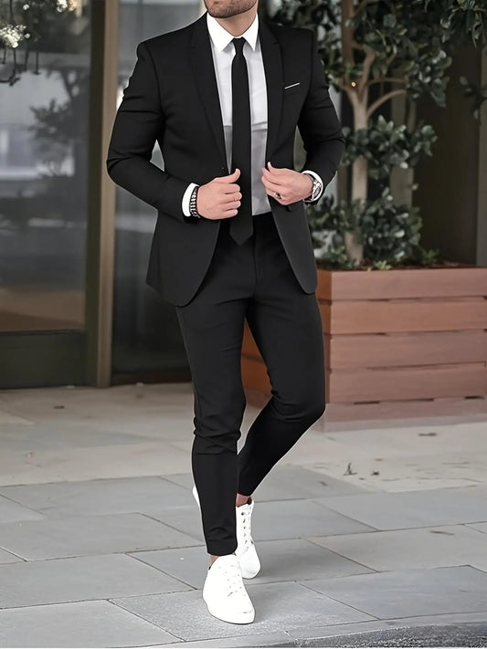 Men's Two-Piece Suit Set, Casual High-Quality Blazer and Pants, Suitable for All Seasons, Business, Party, Office Wear
