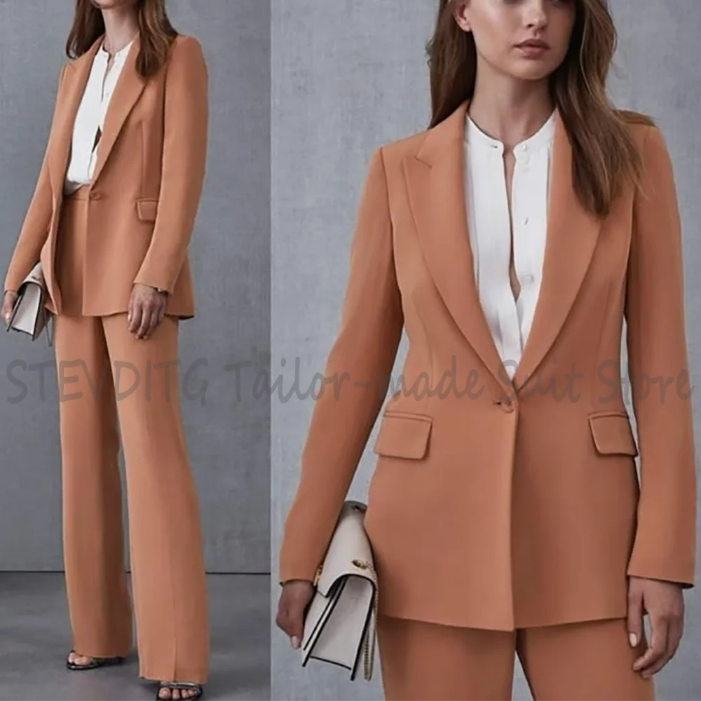 Elegant Unique Women Suits Solid Color Office Work Casual Peak Lapel Single Button High Quality Straight Chic Outfit 2 Pieces