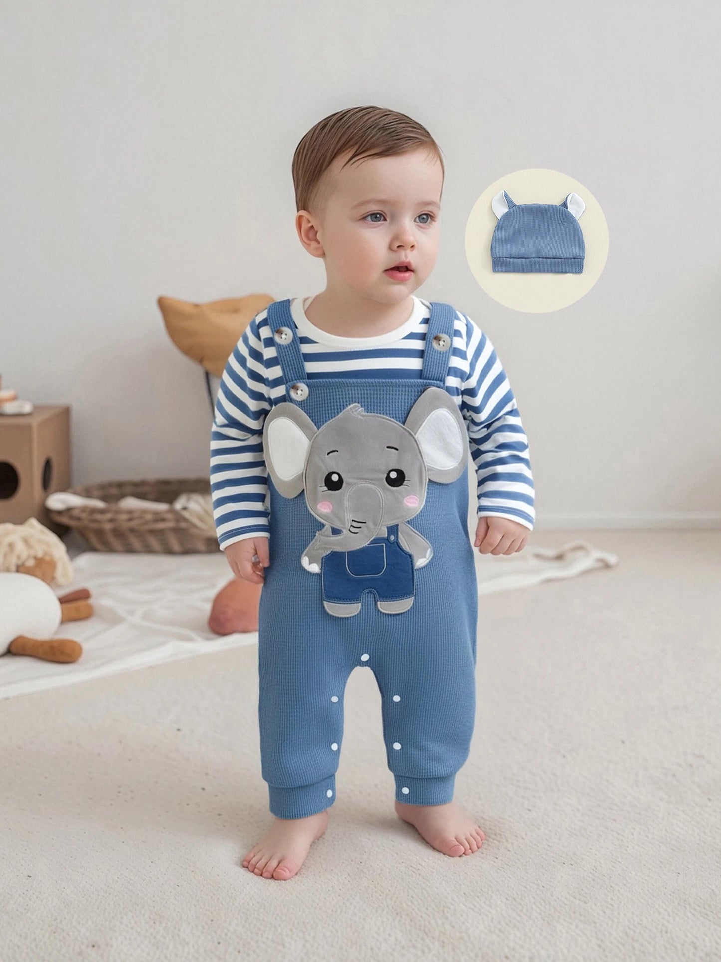 Infant Newborn Baby Boys 3Pcs Outfit Cute Baby Clothes Long Sleeve Striped Romper Animal Embroidery Overalls Hat