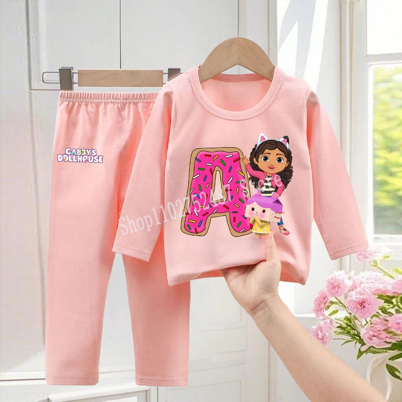Gabby Dollhouses Pajamas Pants Set Girls Cute Letter A-Z Nightwear Trousers Kids Winter Home Clothes Children Long Sleeves Gift