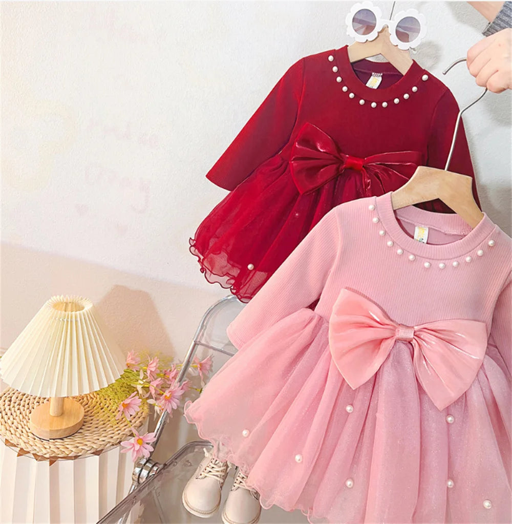 Baby Girl Princess Dress Autumn Toddler Bow Mesh Dresses for Girls Clothing 1st Birthday Party Dresses Newborn Baby Clothes