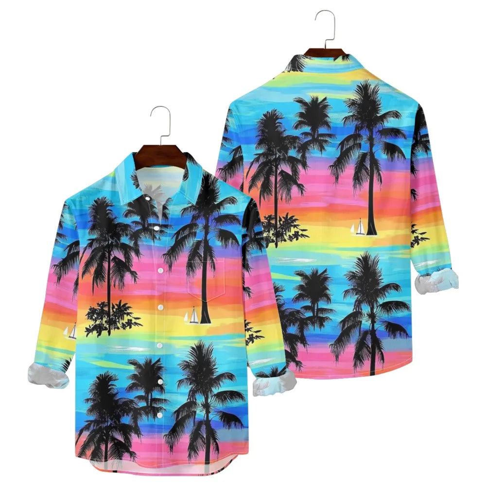 Hawaiian Men Shirts Sunset Oasis Palms Print Full Sleeve Streetwear Button Up Casual Beach to Bar Parties Poolside Shirt Pocket
