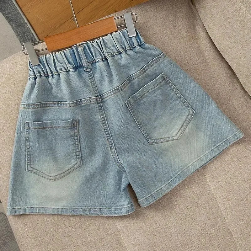 Girls Denim Shorts 2025 Summer New Big Children Embroiderers Bow Short Jeans Teenager Casual Loose Pants Kids Fashion Clothing