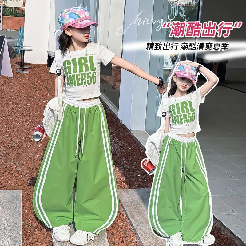 Teens Girls Clothing Sets Fashion Jazz Hip Hop Letter Top+stripe Sport Pants Two Pieces Suits for Kids Summer Streetwear Outfits