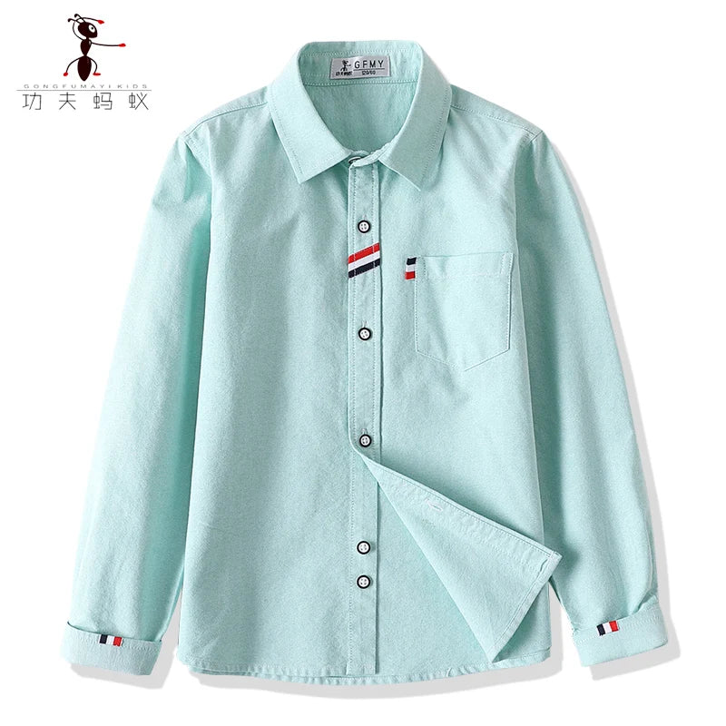 Children Shirts Cotton 100% Solid Color Full-sleeved Kids Boy's Shirts Clothing For 4-12 Years Wear in school