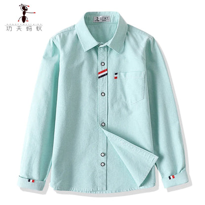 Children Shirts Cotton 100% Solid Color Full-sleeved Kids Boy's Shirts Clothing For 4-12 Years Wear in school