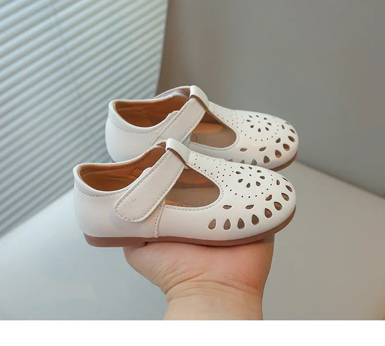 Baby Girls Dress Shoes for Wedding Party Cut-outs Hollow Soft Princess Breathable Kids Leather Flats T-strap 2025 Spring Summer