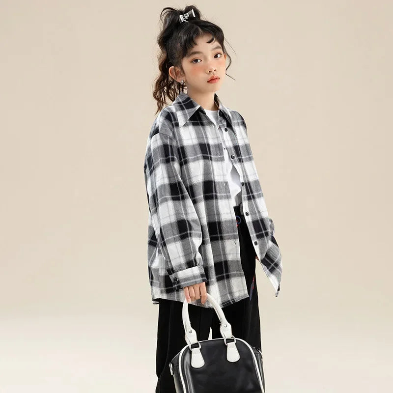 Girls Plaid Shirt 2026 Autumn Girls Clothes Teenage School Shirts for Girls Blouse Casual Children Tops 12 13 14 Kids Clothes
