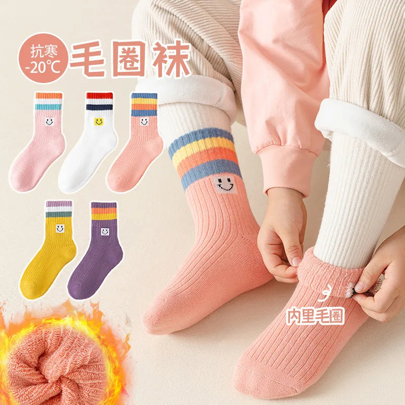5 pairs of thick socks for girls in winter, medium to large-sized long tube looped socks with fleece added