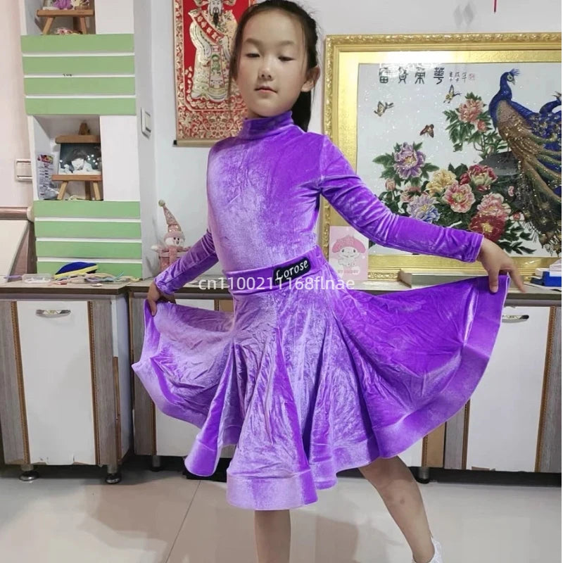 Girls' Latin Dance Dress Autumn/Winter Long Sleeve Professional Practice Dress Velvet Split Set Dance Performance Dress