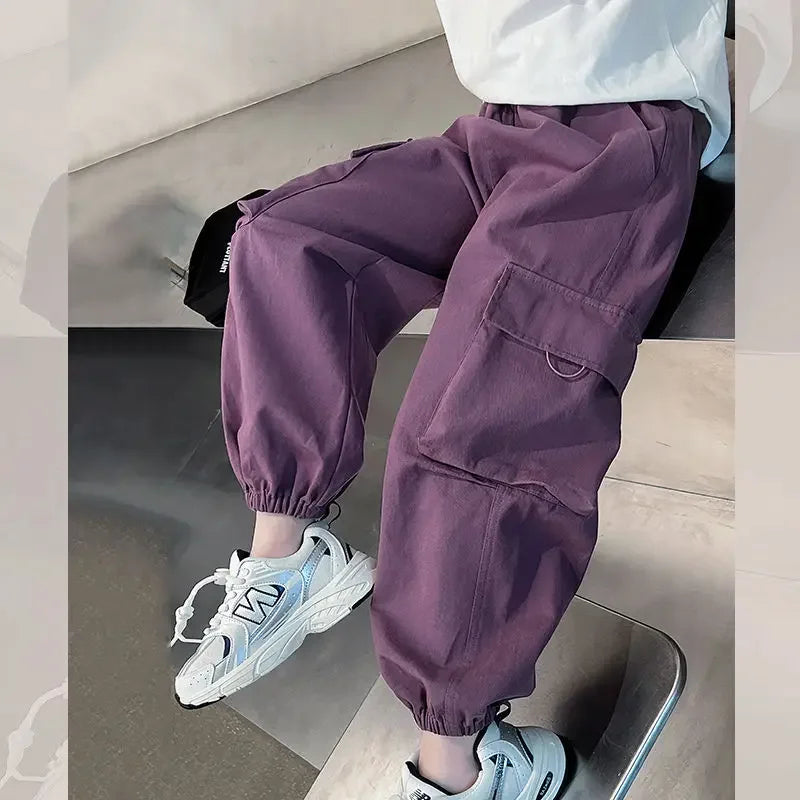 Girls Purple Casual Pants Big Children's Clothing Korean Black Cargo Long Pants Girls 2026 Spring Fashion New Cotton Trousers