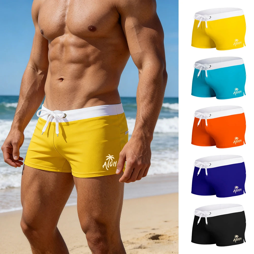 Men's Elastic Quick Dry Printed Swim Trunks Summer Beach Vacation Swimming Surfing Drawstring Swimsuit Beach Casual Wear
