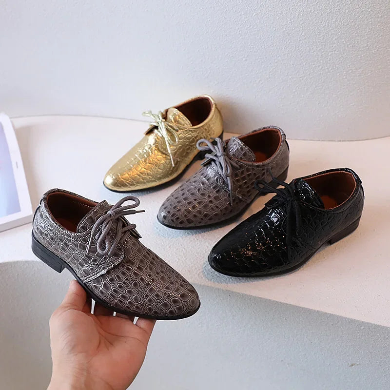 Boys Leather Shoes Pointed Toe Children Performance Shoes Low Heels British Style School Kids Shoes Gold Lace Up Casual Loafers