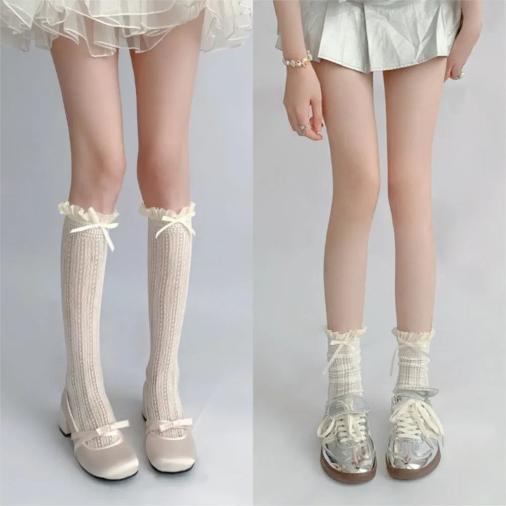 Sweet Girls Long Socks Stockings  Lolita Bowknot Ruffles Knee Socks Women Hollow Out Mesh Fishnet Stockings