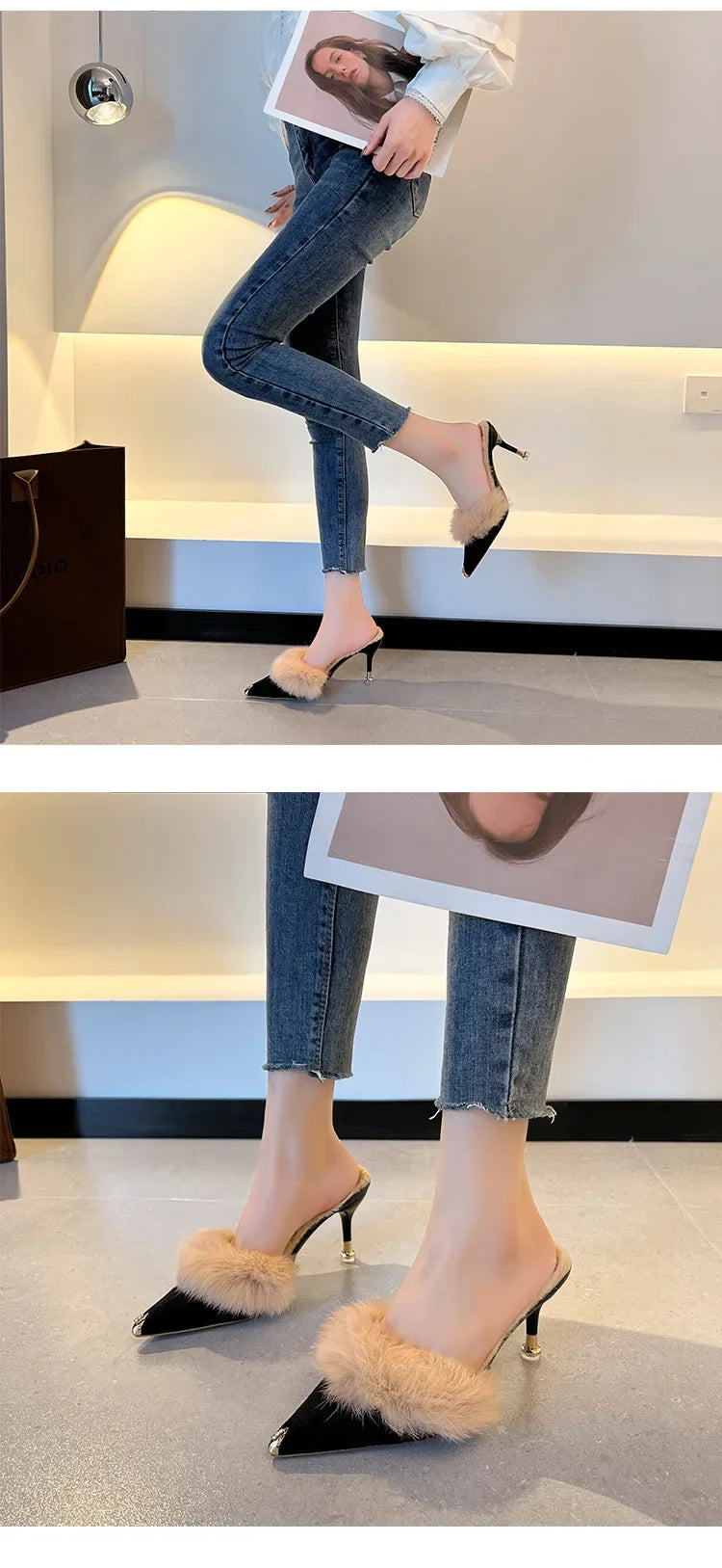 Women High Heel Shoes 2025 Fur Slippers Mules Pointed Toe Furry Slides Fashion Elegant Luxury Designer Flip Flops Office Pumps