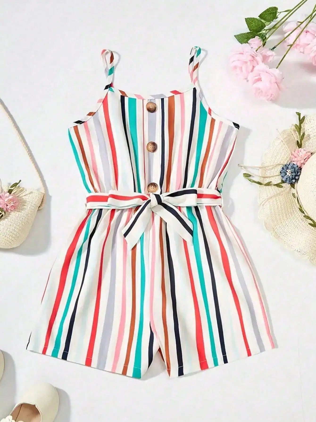Girls Summer Casual Sleeveless Jumpsuit with Stripes And Buttons Cute Colorful Suspender Shorts for Kids