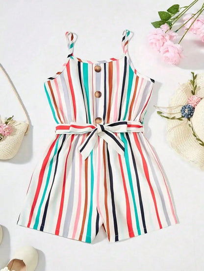 Girls Summer Casual Sleeveless Jumpsuit with Stripes And Buttons Cute Colorful Suspender Shorts for Kids