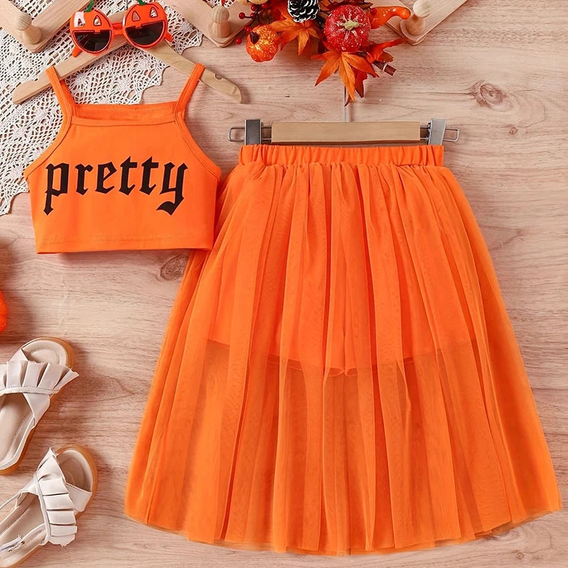 5-14 Years Teenagers Girls Clothing Sets Summer New Cotton Fashion Top + Mesh Skirt Two Piece Set Birthday Gifts Kids Clothes