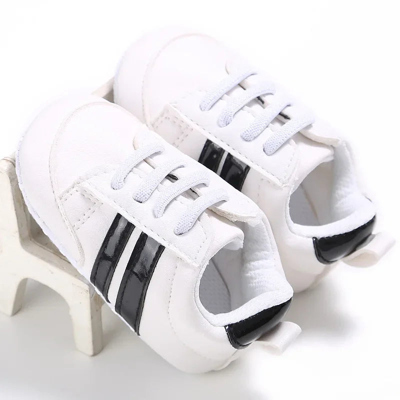 Newborn Baby Boys Shoes for 1 Year Footwear with Striped Infant Casual PU Leather Toddler Soft Sole Girls Sneakers First Walkers