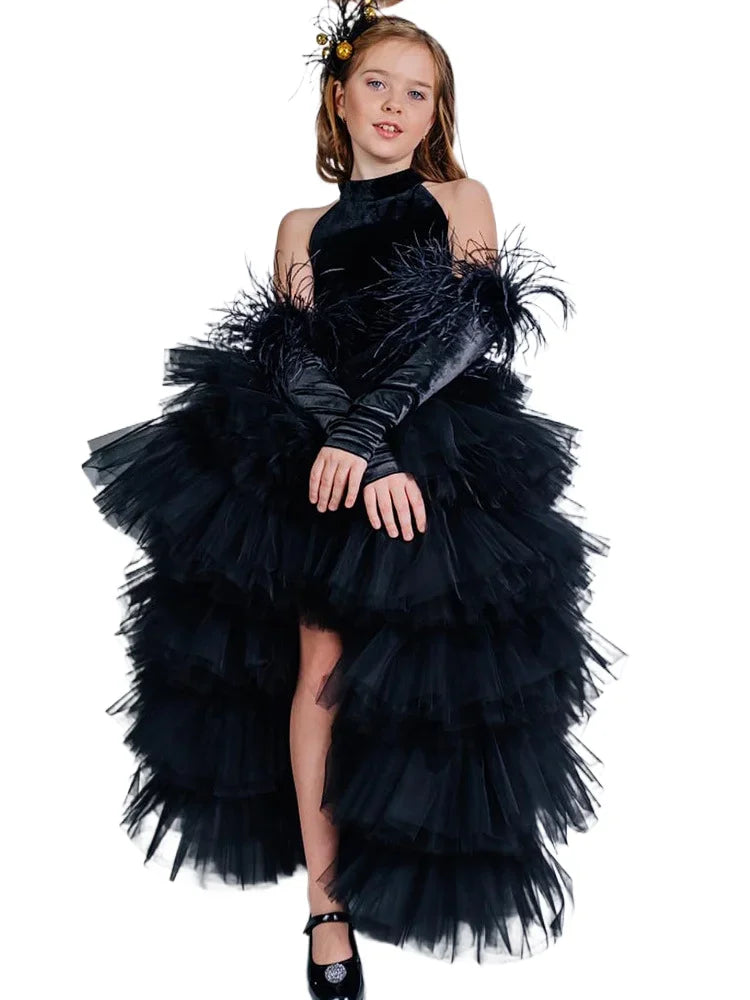 Girls Pageant Dress High Neck Halter Feather Sleeves Tiered Tulle Gown Formal Party Wedding Flower Girl Birthday Costume
