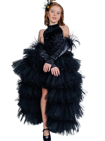 Girls Pageant Dress High Neck Halter Feather Sleeves Tiered Tulle Gown Formal Party Wedding Flower Girl Birthday Costume